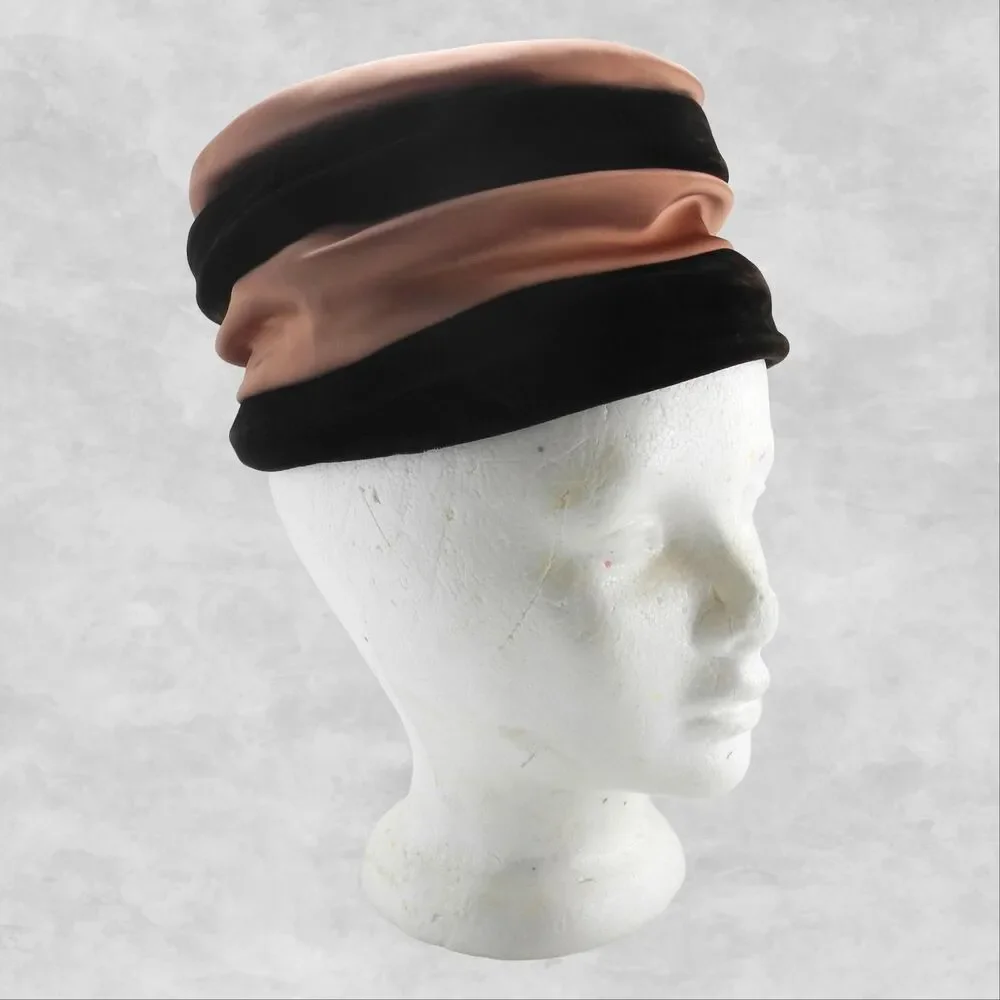 Vintage Screen Vogue Original Burgundy Velvet Pink Satin Pillbox Cocktail Hat